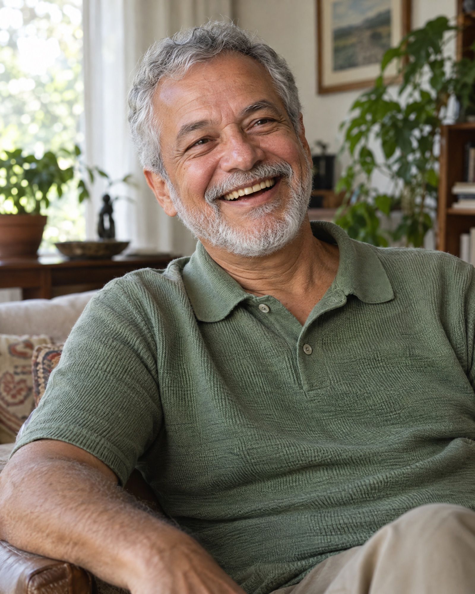 Homem idoso rindo, sentado em casa