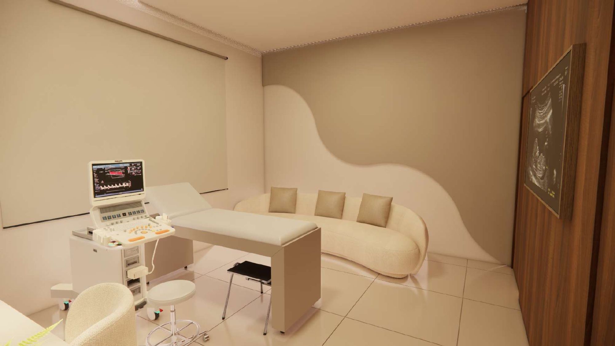 Sala de exames com parede em onda e sofá para acompanhante